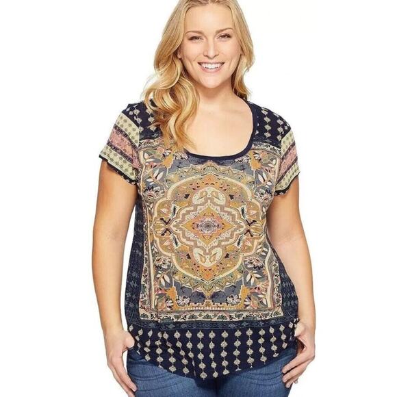Lucky Brand Tops - Lucky Brand Womens Persian Carpet Tee Shirt Plus Size 3X Navy Multi Color Blouse
